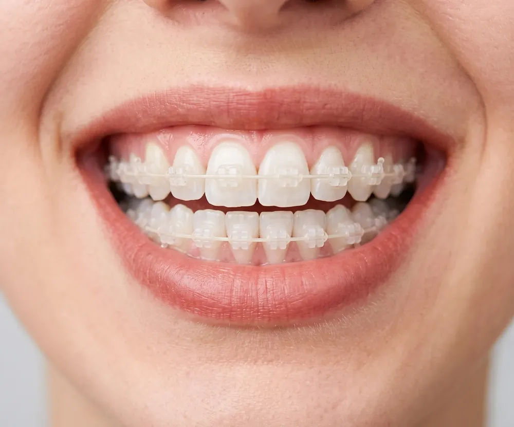 Sonrisa con brackets estéticos transparentes