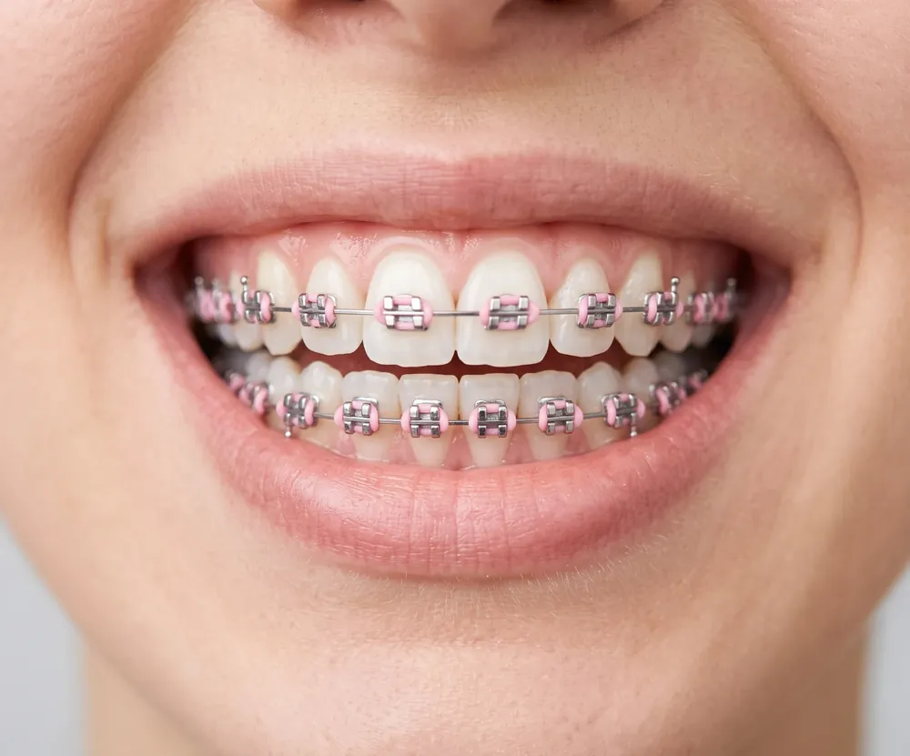 Primer plano de una sonrisa con brackets metálicos y ligas rosadas
