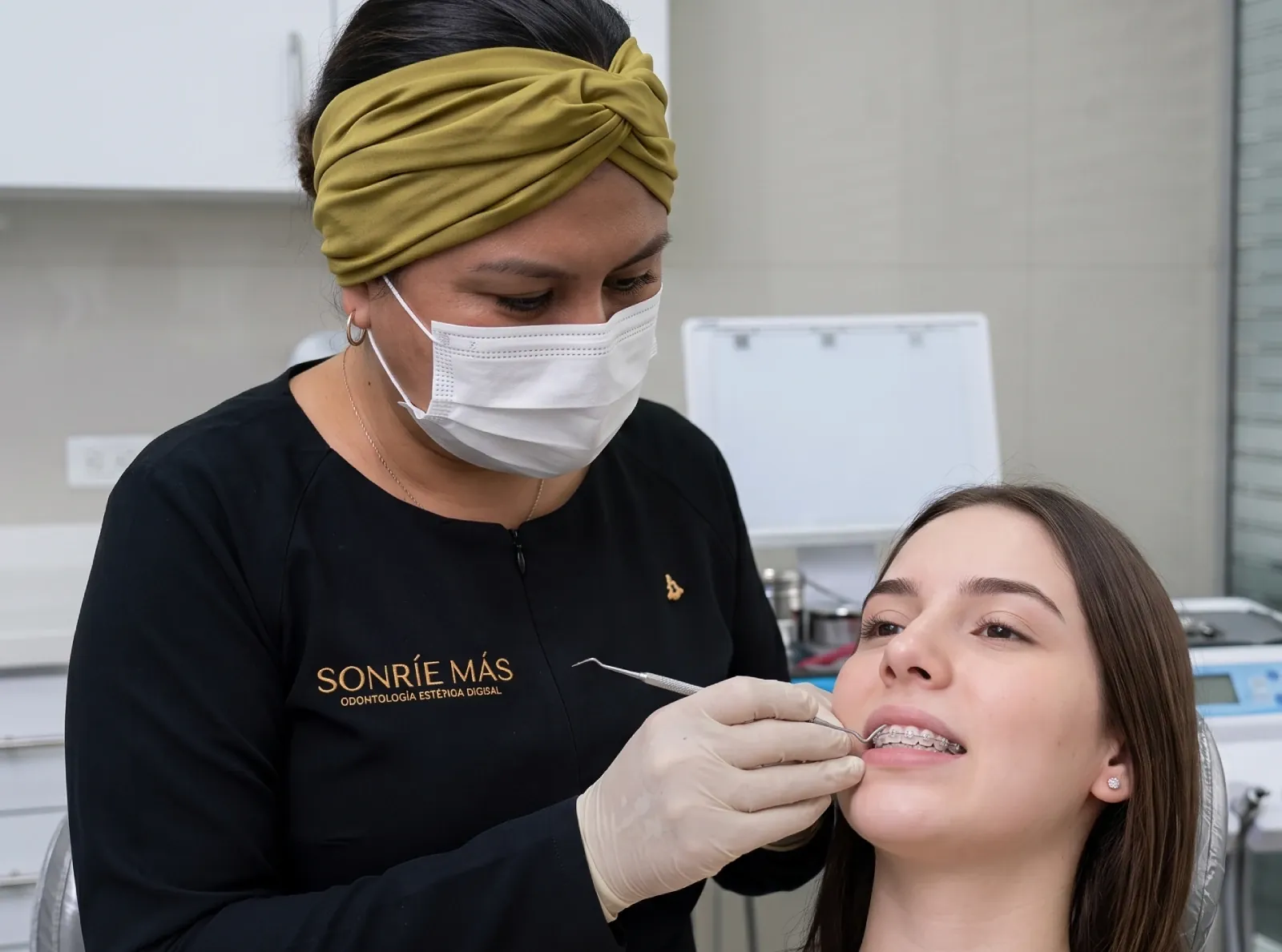 Odontóloga de Sonríe Más revisando los brackets de una paciente en la clínica de San Luis